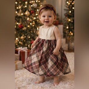 Janie and Jack Holiday Plaid Dress 6-12M Gold Burgundy Christmas